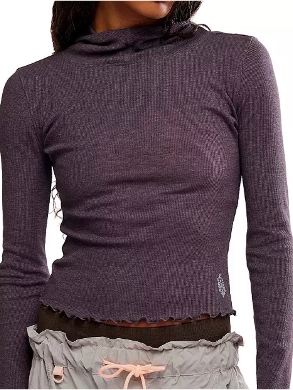 Free People Brown Ribbed Lettuce-Edge Mock Neck Top
